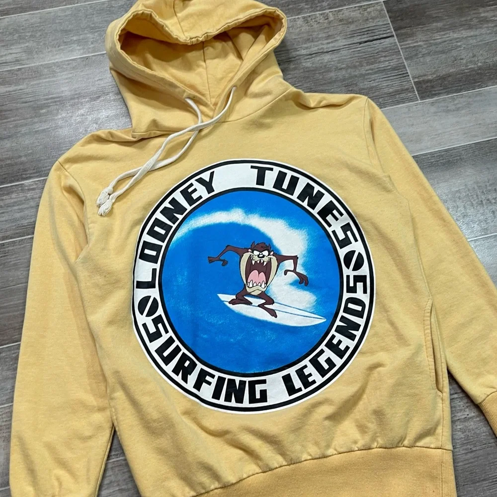 Taz Looney Tunes Surfing Legends Hoodie Lightweight Yellow - Picture 3 of 5